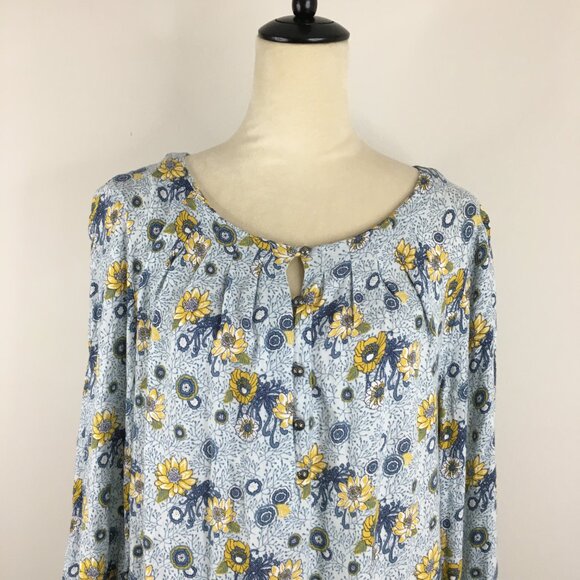 LUCKY BRAND Blue Yellow White Floral Print Tie Sleeve Some Buttons Boho Shirt - Picture 6 of 9